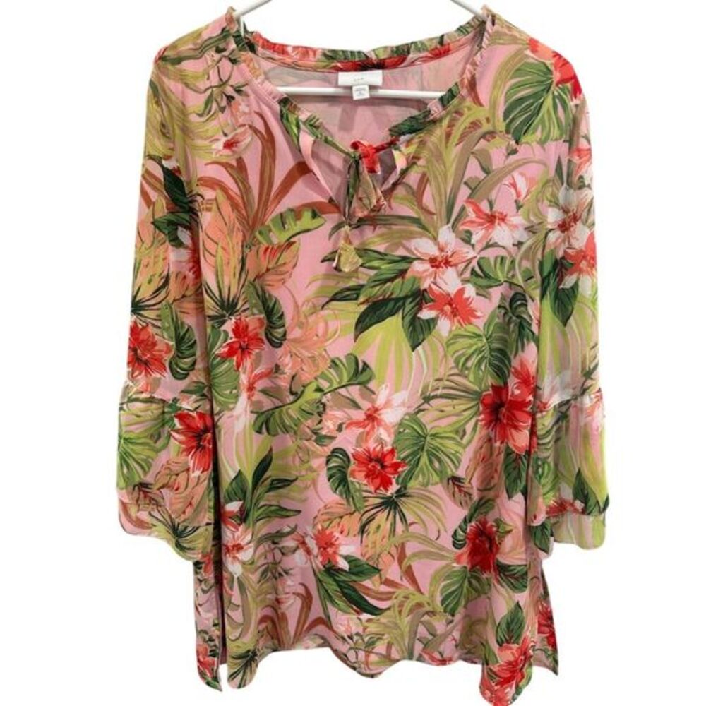 J. Jill Women's XL Petite Pink Floral Top Blouse 3/4 Sleeve Casual